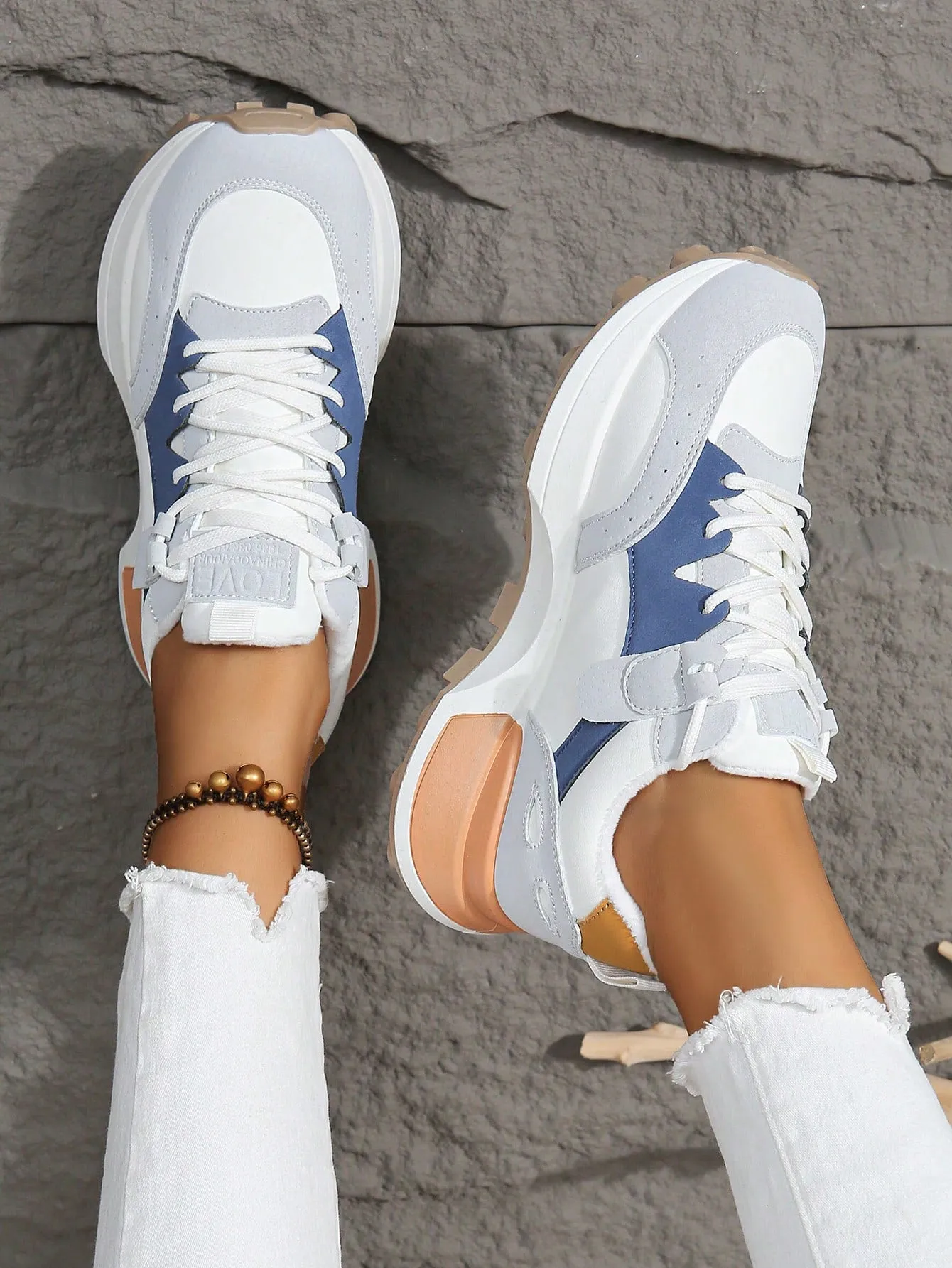 Sporty Sneakers For Women, Colorblock Lace-up Front Running Shoes