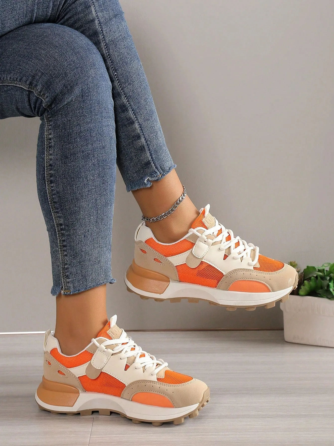 Sporty Sneakers For Women, Colorblock Lace-up Front Running Shoes