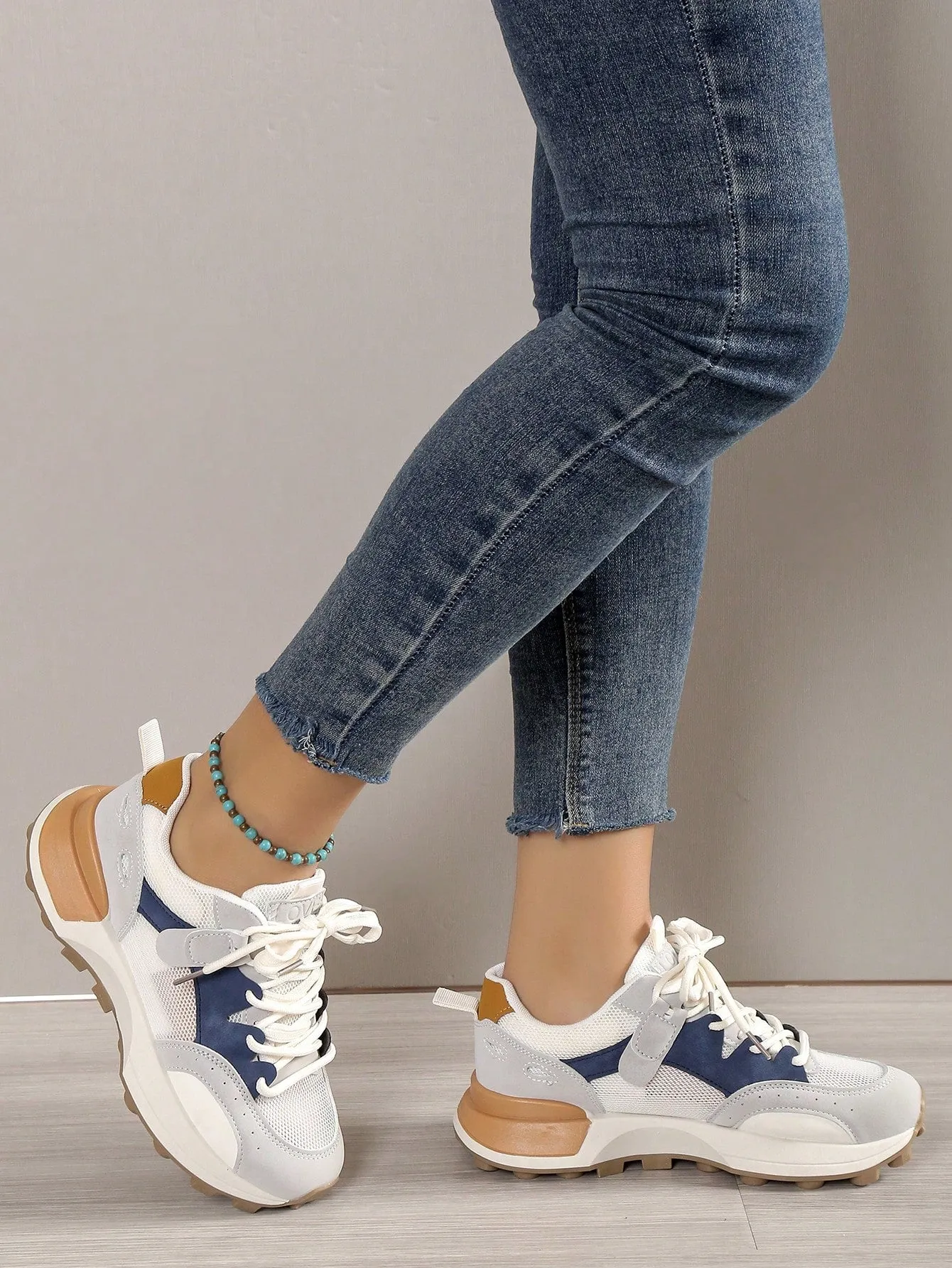 Sporty Sneakers For Women, Colorblock Lace-up Front Running Shoes