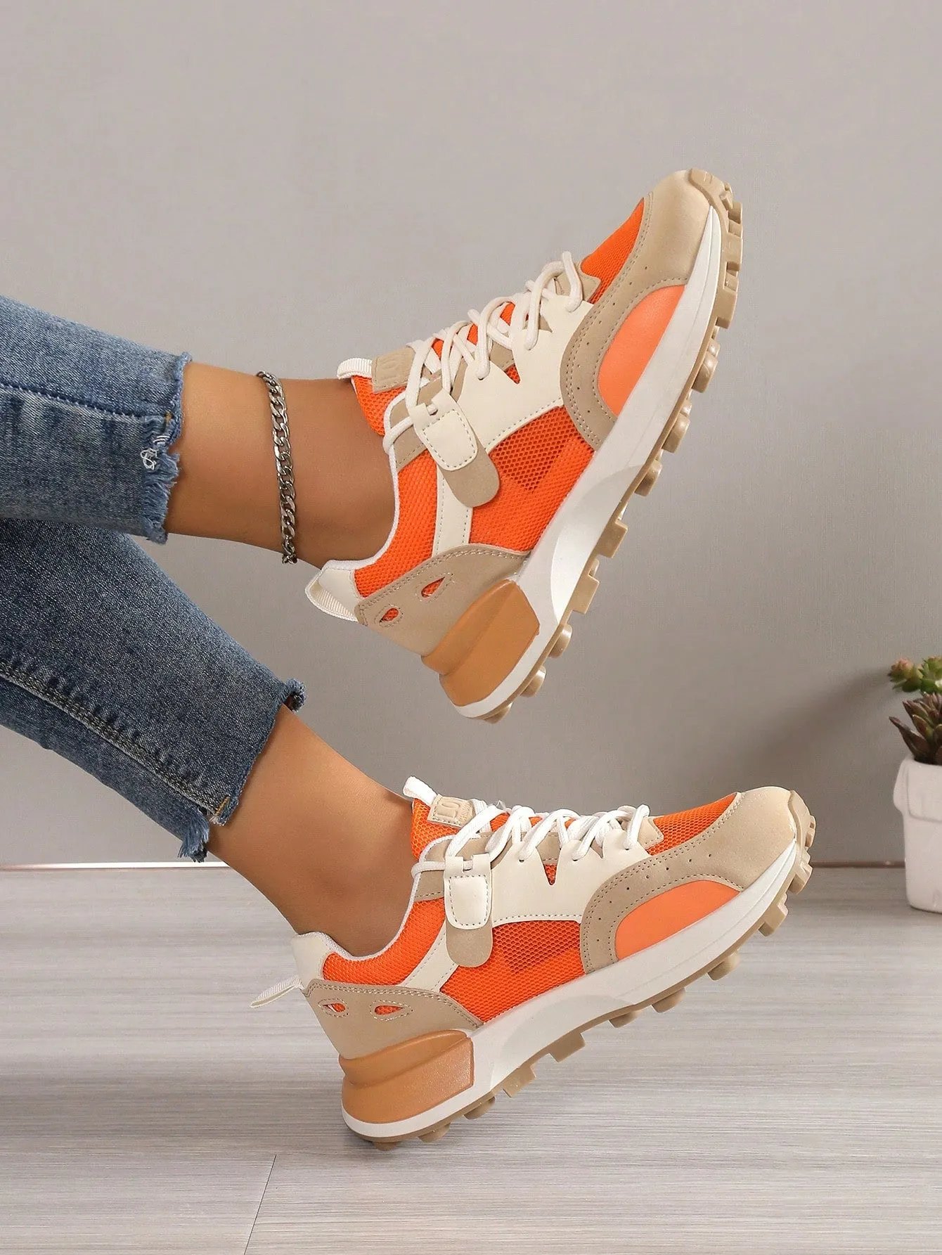 Sporty Sneakers For Women, Colorblock Lace-up Front Running Shoes