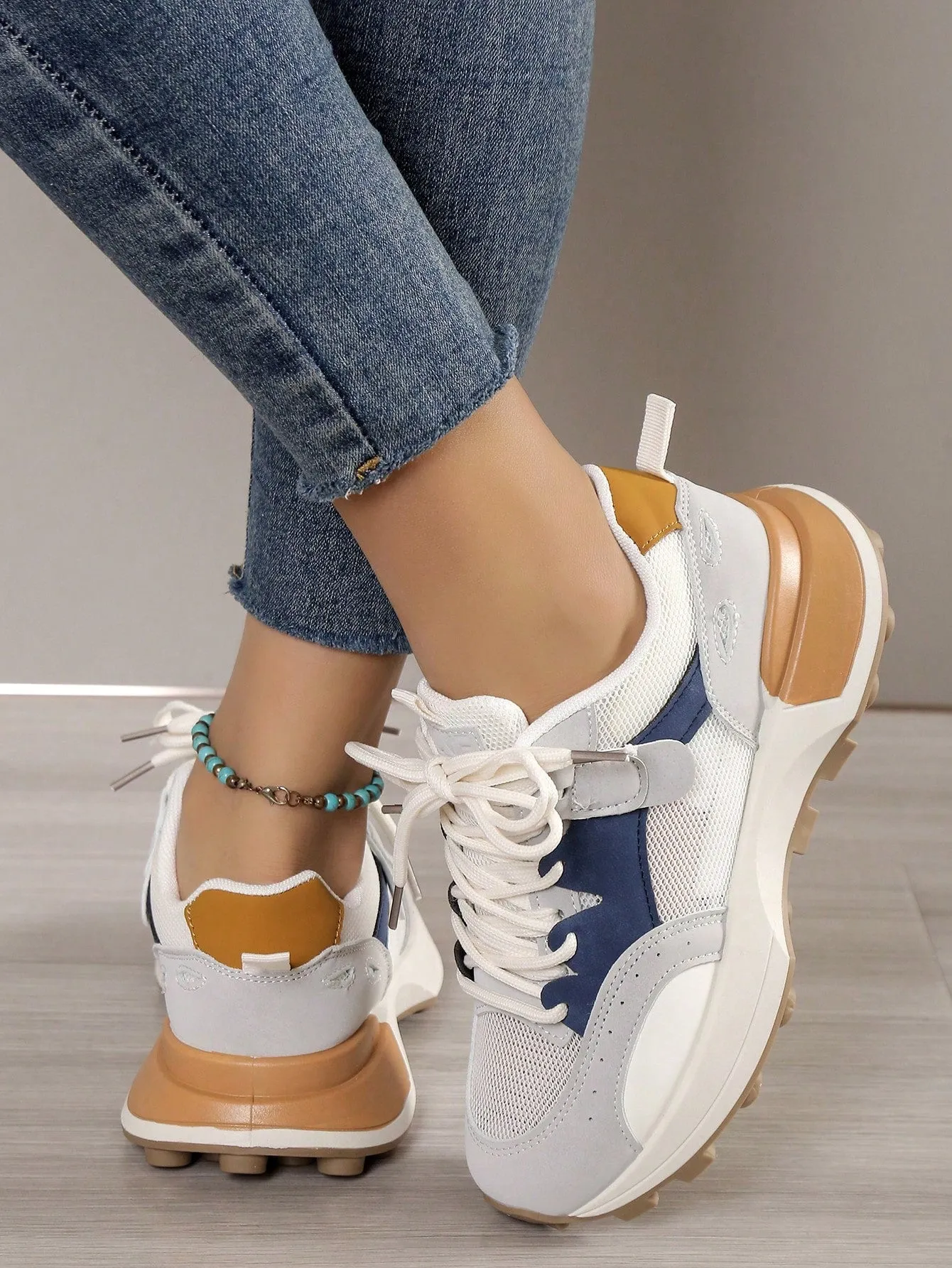 Sporty Sneakers For Women, Colorblock Lace-up Front Running Shoes