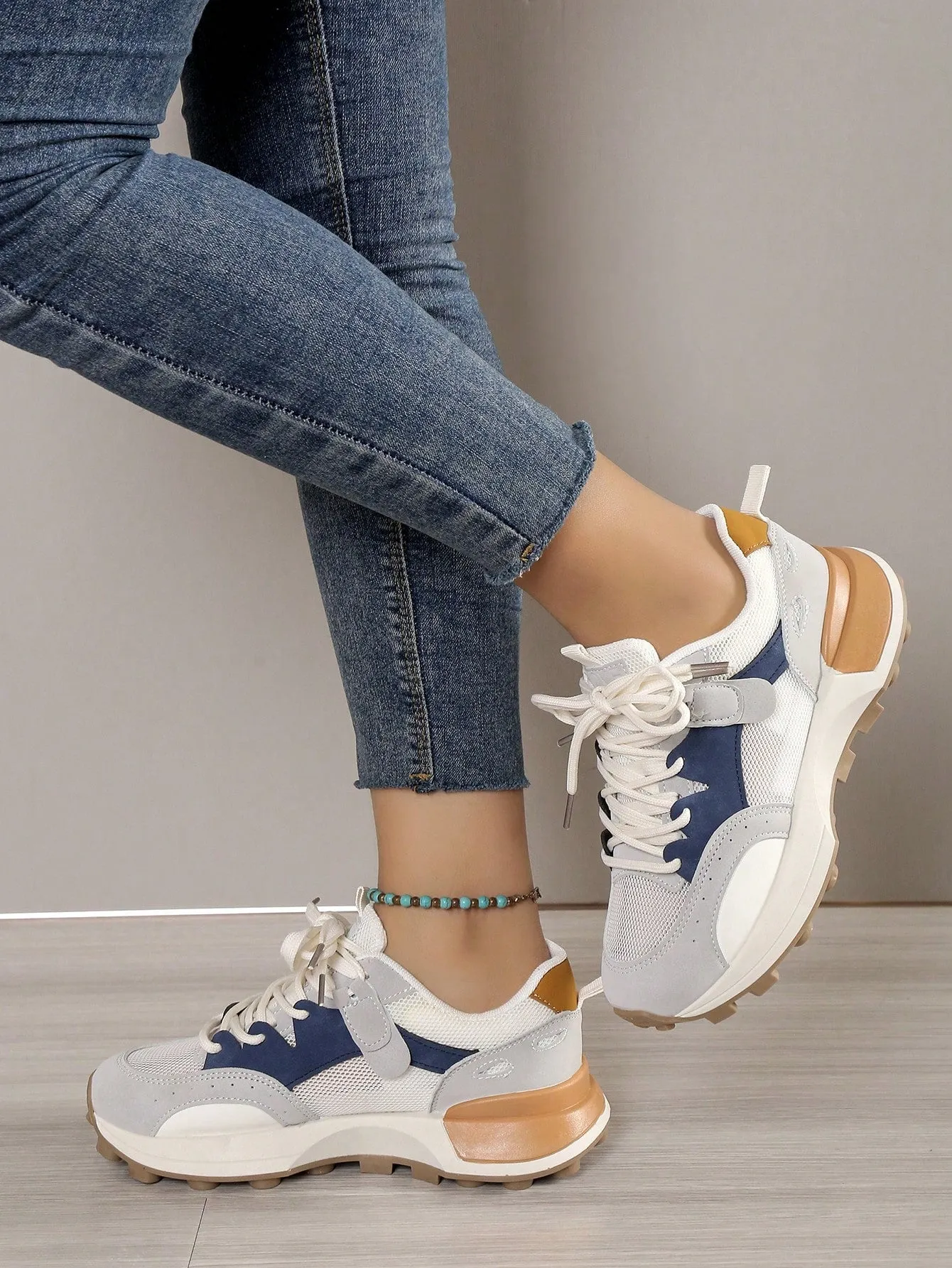 Sporty Sneakers For Women, Colorblock Lace-up Front Running Shoes