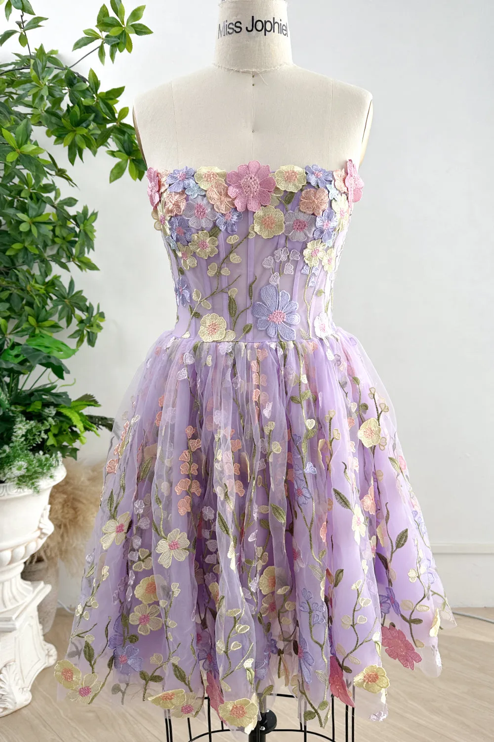 Strapless Corset Yellow Floral Embroidered Midi Dress