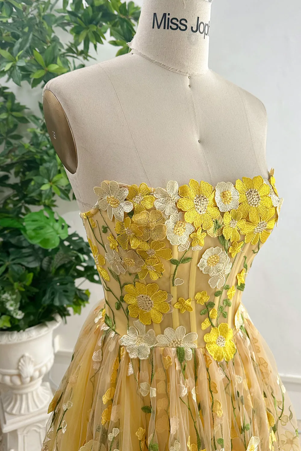 Strapless Corset Yellow Floral Embroidered Midi Dress