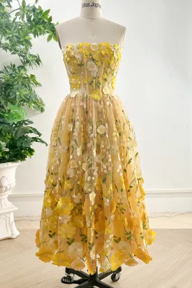 Strapless Corset Yellow Floral Embroidered Midi Dress