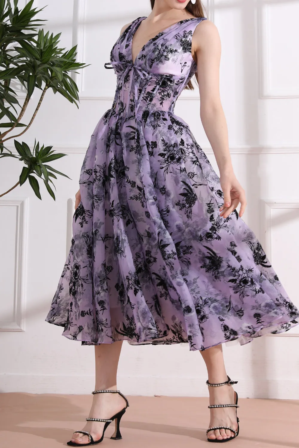 Straps V Neck Corset Floral Print Organza Midi Dress