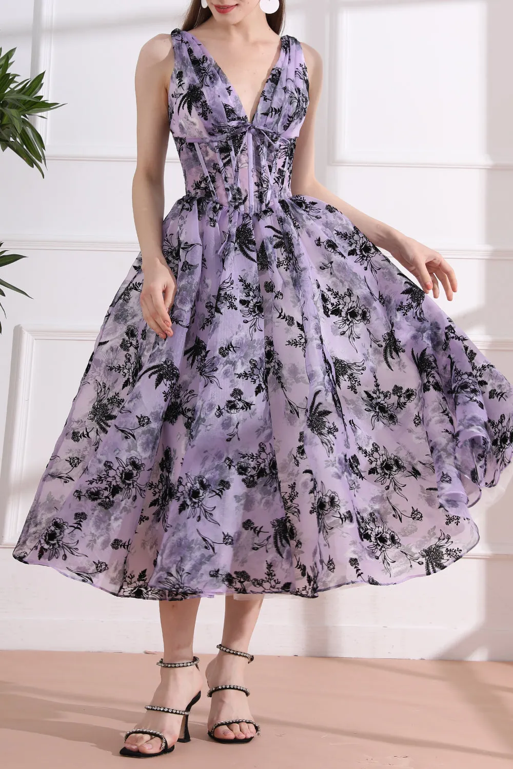 Straps V Neck Corset Floral Print Organza Midi Dress