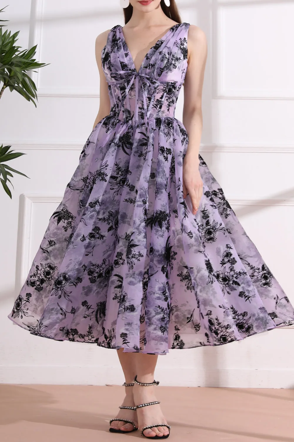 Straps V Neck Corset Floral Print Organza Midi Dress