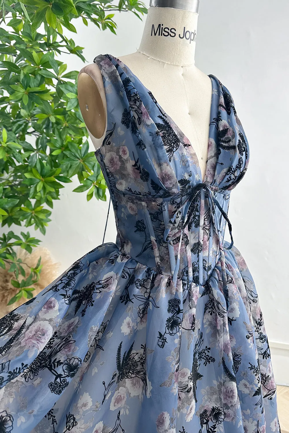 Straps V Neck Corset Floral Print Organza Midi Dress