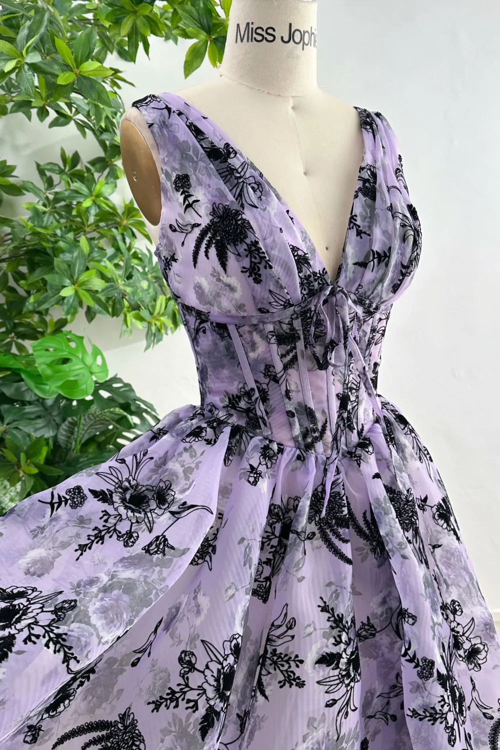 Straps V Neck Corset Floral Print Organza Midi Dress