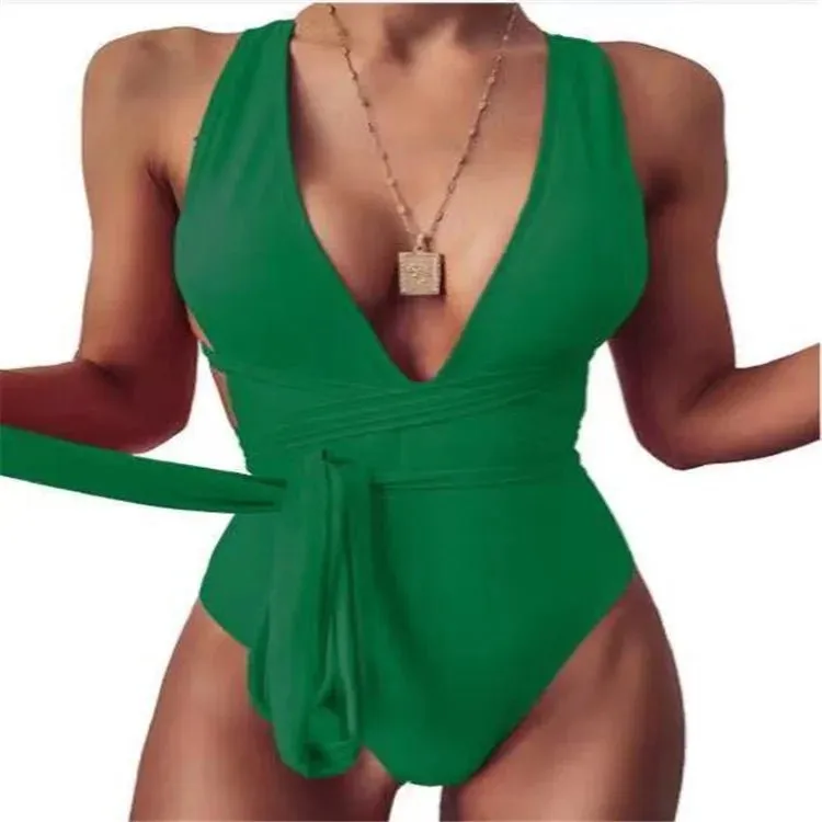 Women Fashion new style Pure color deep v Backless Sexy lace up one-piece swimwear