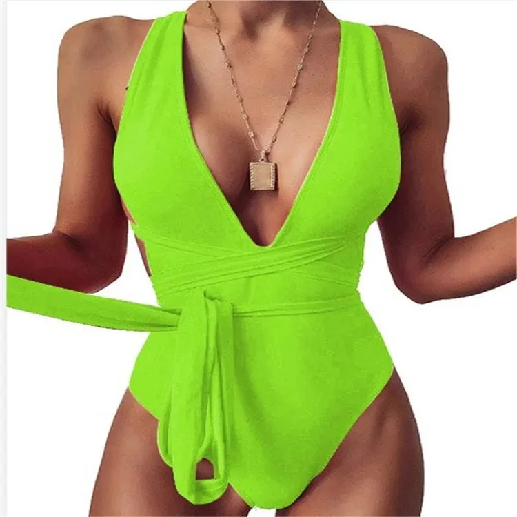 Women Fashion new style Pure color deep v Backless Sexy lace up one-piece swimwear