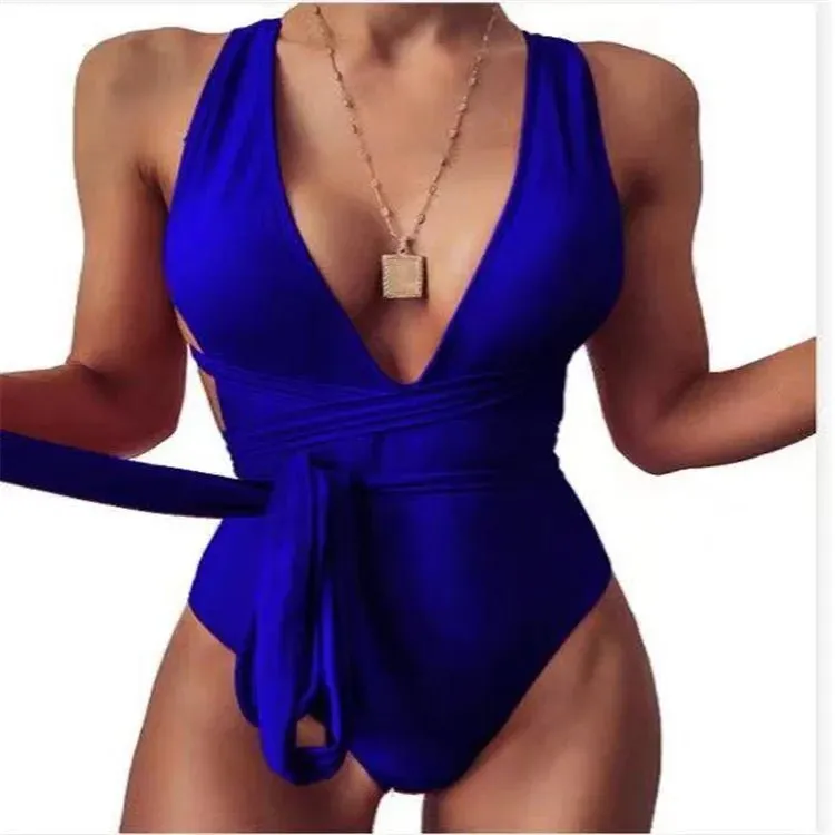 Women Fashion new style Pure color deep v Backless Sexy lace up one-piece swimwear