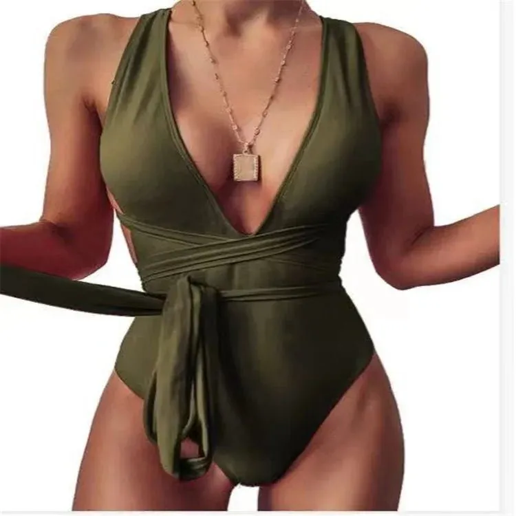 Women Fashion new style Pure color deep v Backless Sexy lace up one-piece swimwear