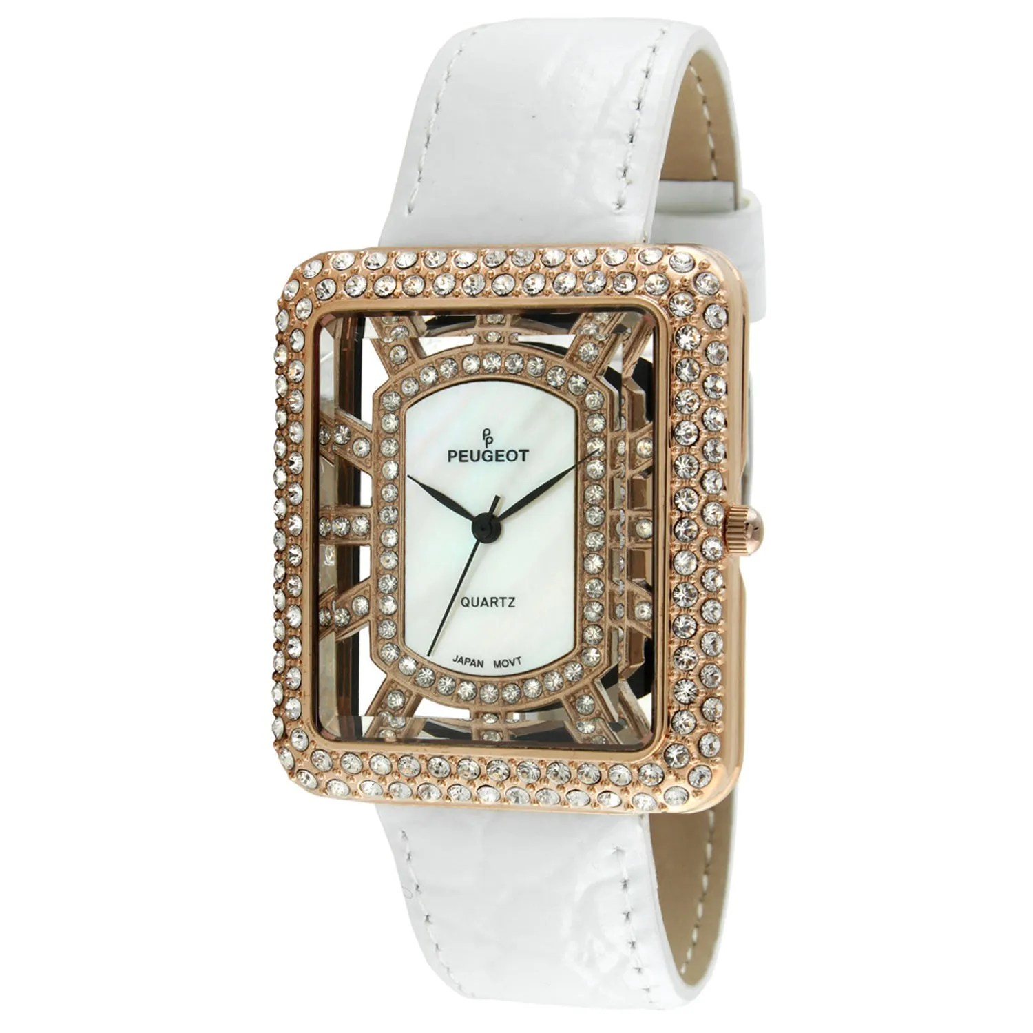 Women's Couture Crystal Gold Watch Tank shape with White Leather Strap