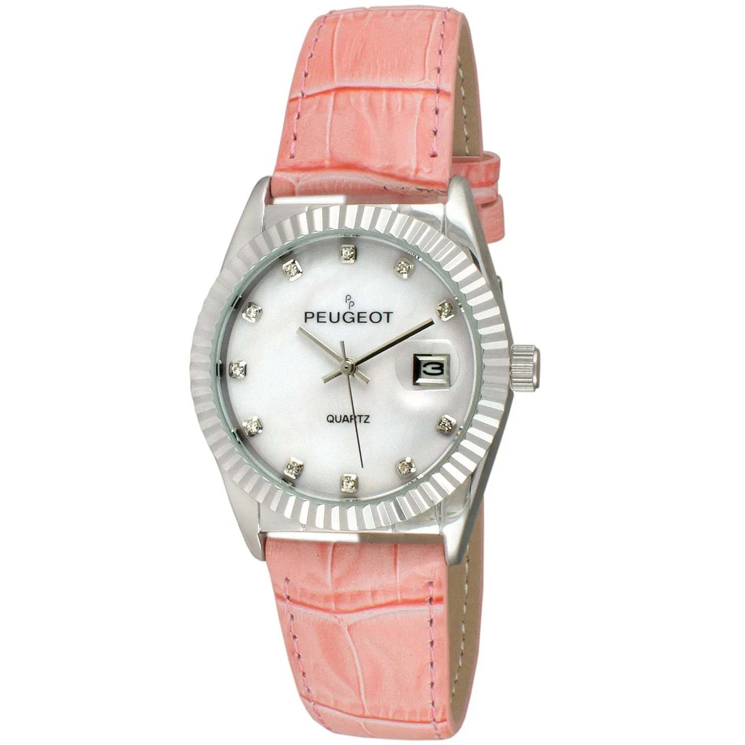 Women's Pink 36mm Fluted Bezel Watch with Leather Strap