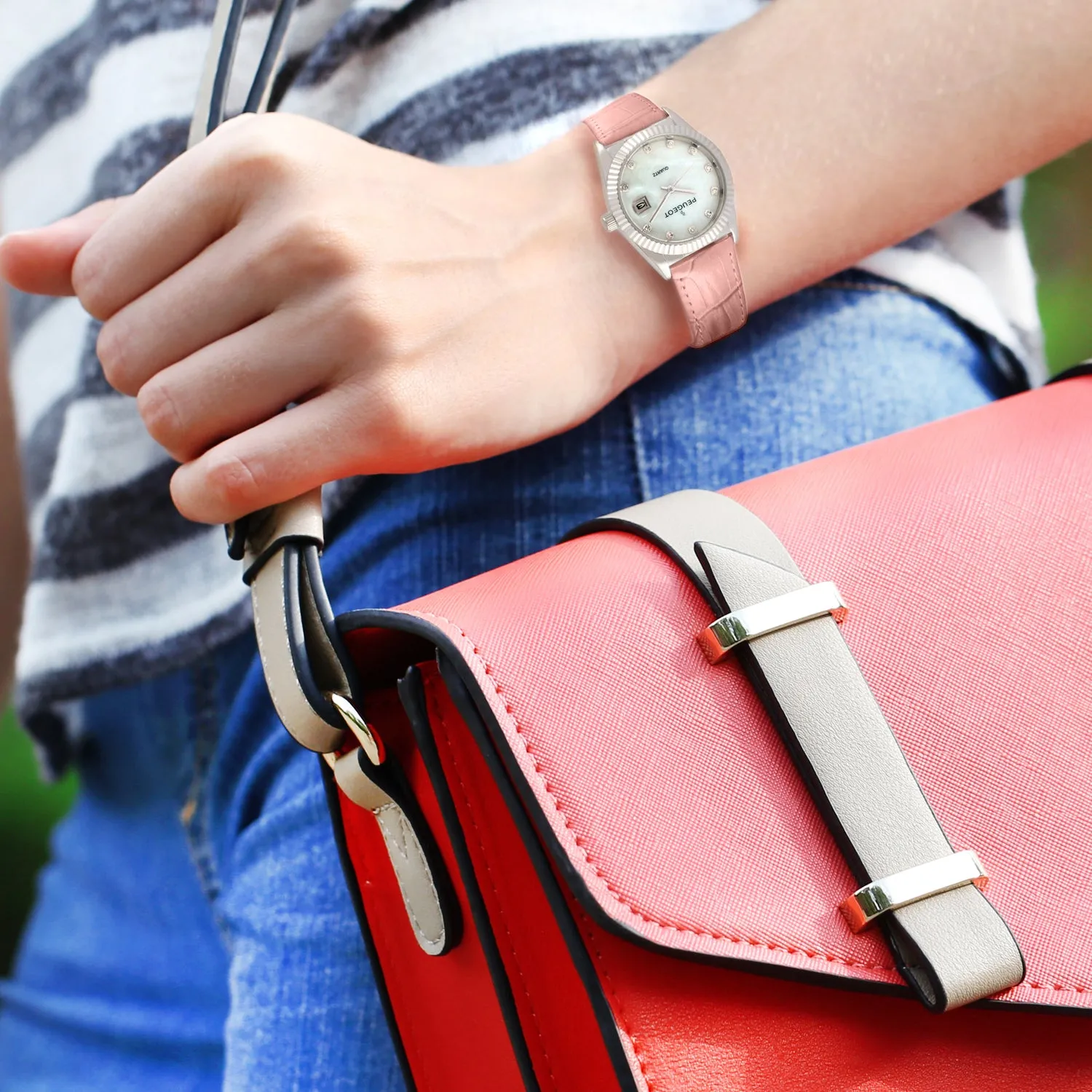 Women's Pink 36mm Fluted Bezel Watch with Leather Strap